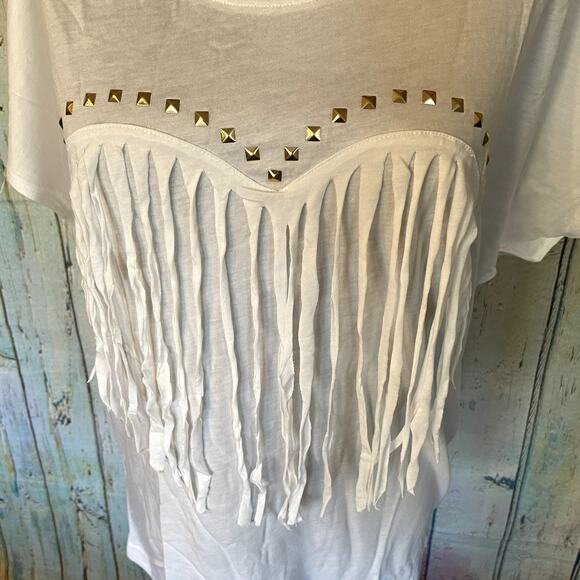 Adidas Neo X Selena Gomez Top Womens Large White Embellished Fringe T-Shirt - Picture 2 of 6